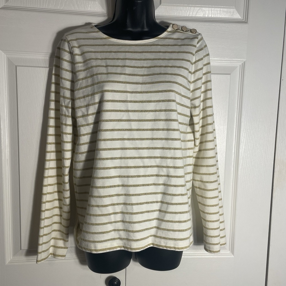 J Crew Artist Tee Women S Beige Gold Boat Neck Long Sleeve Striped Button Detail